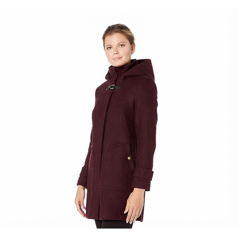 Cole Haan Signature Duffel Coat Hooded Wool Blend Buckle Front Burgundy Size 6